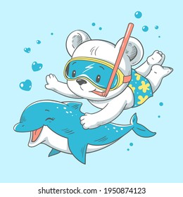 Vektorgrafik eines süßen Babybären, Schwimmen mit Delfin.