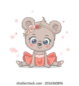 Ilustración vectorial de una adorable bailarina de oso bebé en tutu rosado, sentada en las divisiones.  