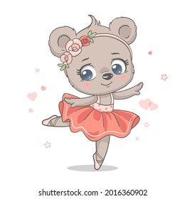 Imagen vectorial de una adorable bailarina de oso bebé bailando en tutu rosado.