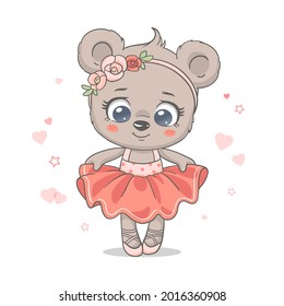 Vector illustration of a cute baby bear ballerina in pink tutu. 