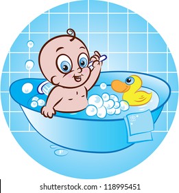 vector illustration of cute baby boy taking a bath in tub