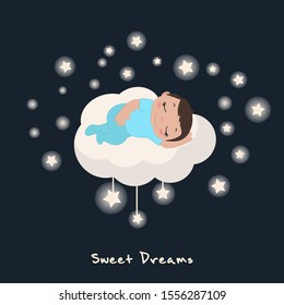 Vector illustration of cute baby boy sleeping on a cloud.