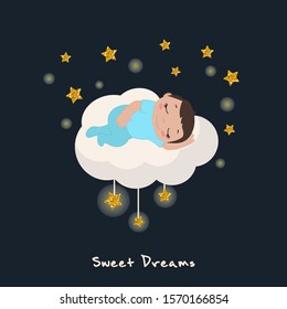 Vector illustration of cute baby boy sleeping on a cloud. Stars with gold glitters.