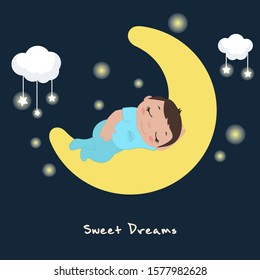 Vector illustration of cute baby boy sleeping on the moon.