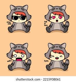 vector illustration of cute baby boy emoji wearing raccoon costume