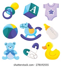 A vector illustration of cute baby boy icons like nappy pins, pacifier and baby toys.