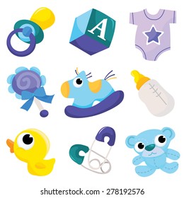A vector illustration of cute baby boy icons like nappy pins, pacifier and baby toys.