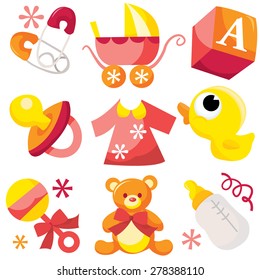A vector illustration of cute baby boy icons like nappy pins, pacifier and baby toys.