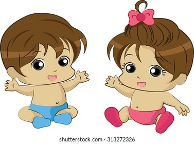 Vector Illustration of Cute Baby Boy and Girl