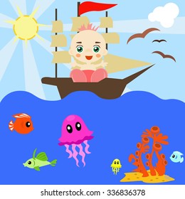 Vector illustration of cute baby boy on the ocean.