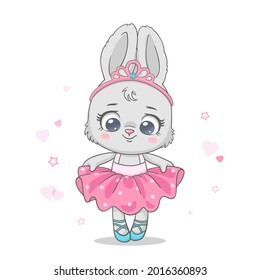 Vector illustration of a cute baby  bunny ballerina in pink tutu. 