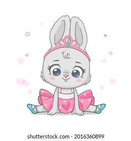 Vector illustration of a cute baby  bunny ballerina in pink tutu, sitting on the splits.  