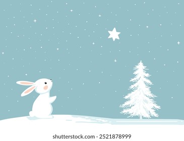 Vector illustration of cute baby bunny looking at Christmas star in the sky. Winter forest snowfall. Merry Christmas greeting card