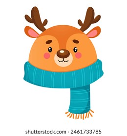 Vector illustration of cute baby deer character in warm winter scarf isolated on white background.