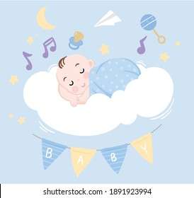 Vector illustration of cute baby elements for card design. It's a boy. Soft pastel color.