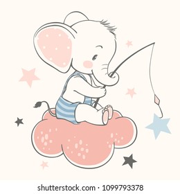 Vector illustration of a cute baby elephant, sitting on the cloud and catching stars.