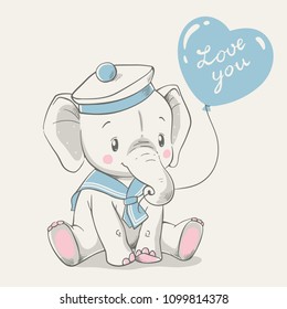 Vector illustration of a cute baby elephant in a sailor costume, sitting and holding a balloon in his trunk.