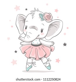 Vector illustration of a cute baby elephant ballerina in a pink tutu.