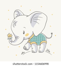 Vector illustration of a cute baby elephant holding a flower in his trunk.