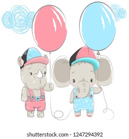 Vector illustration of a cute baby elephant holding balloon