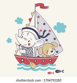 Vector illustration of a cute baby elephant mariner and his dog, sailing on a ship.