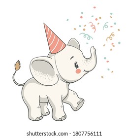 Vector illustration of a cute baby elephant at the party.