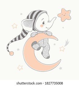 Vector illustration of a cute baby elephant in a striped nightcap on the moon among the stars.