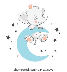 Vector illustration of a cute baby elephant on the blue moon among the stars.