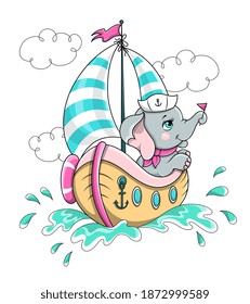 Vector illustration of a cute baby elephant mariner, sailing on a sailboat. Cartoon vector illustration