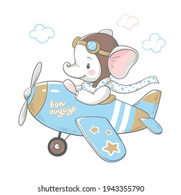 Vector illustration of a cute baby elephant, flying on a plane.