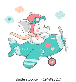 Vector illustration of a cute baby elephant, flying on a green plane.