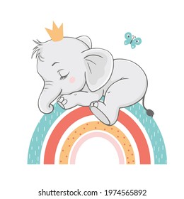 Vector illustration of a cute baby elephant, sleeping on the rainbow.