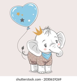 Vector illustration of a cute baby elephant boy, with crown and blue balloon.