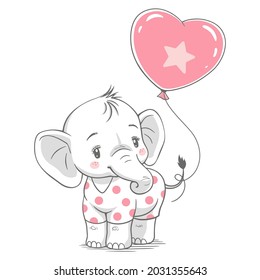 Vector illustration of a cute baby elephant, with pink balloon.