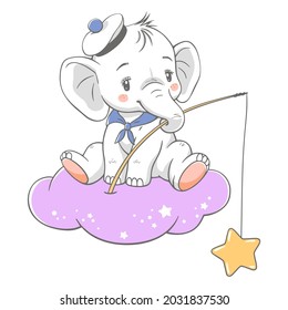 Vector illustration of a cute baby elephant fisher, sitting on the cloud and catching stars.