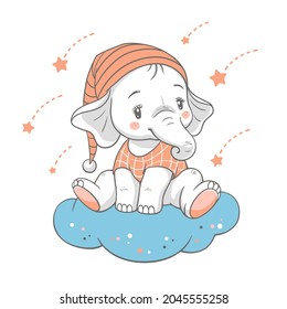 Vector illustration of a cute baby elephant, sitting on the cloud.