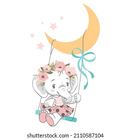 Vector illustration cute baby elephant and wreath pink flowers swing 