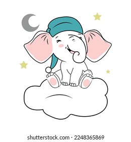 Vector illustration of a cute baby elephant, sitting on the cloud.