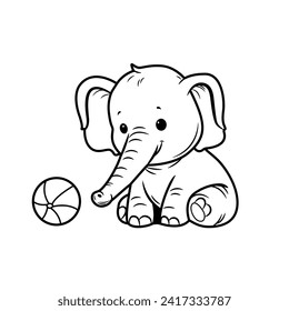 Vector Illustration Cute Baby Elephant Playing With Ball for Coloring Book. Coloring Page Outline.