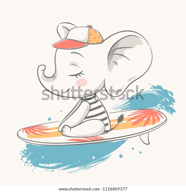 サーフボードに浮かぶかわいい赤ちゃんゾウのベクターイラスト のベクター画像素材 ロイヤリティフリー