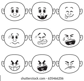 Vector illustration of cute baby face expressions in simple black and white doodle style