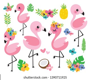 Vector illustration cute baby flamingos with tropical flowers and palm leaves.