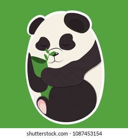 Vector illustration of cute baby giant panda. Sticker with a sleepy animal in flat cartoon style, in ellipse form.