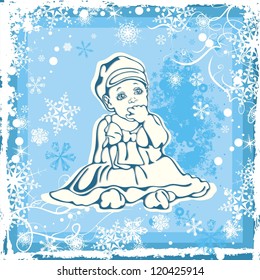 Vector illustration of a cute baby girl over a winter background.