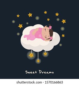 Vector illustration of cute baby girl sleeping on a cloud. Stars with gold glitters.