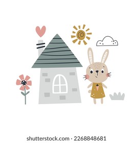 ilustración vectorial de un lindo conejito de bebé parado frente a su casa, adorable diseño en un estilo escandinavo moderno y minimalista