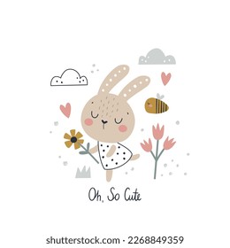 ilustración vectorial de un lindo conejito de bebé y flores, adorable diseño en estilo escandinavo moderno y minimalista de moda, concepto para niños