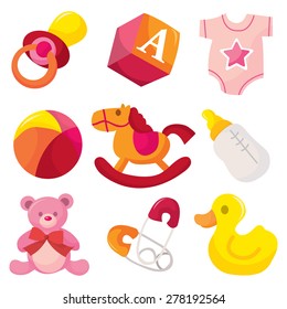 A vector illustration of cute baby girl icons like nappy pins, pacifier and baby toys.