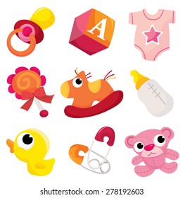 A vector illustration of cute baby girl icons like nappy pins, pacifier and baby toys.