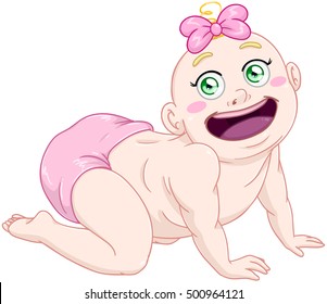 Vector illustration of a cute baby girl crawling and smiling.